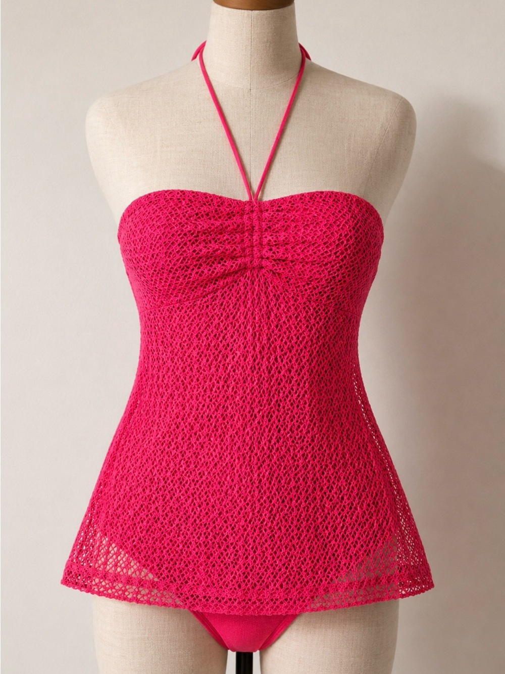 Catalina Hot Pink Mesh Halter Swimdress
